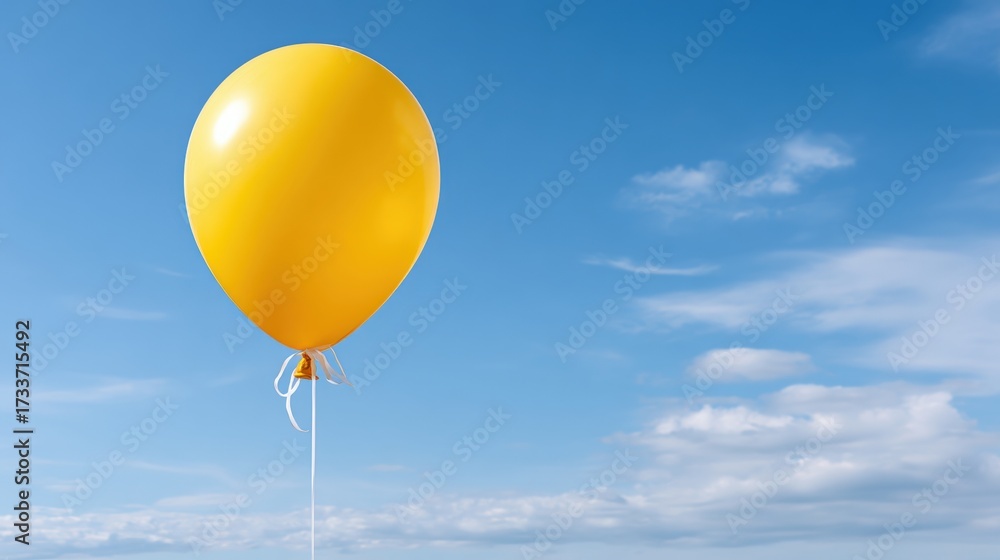 Obraz premium Bright yellow balloon floating in clear blue sky during outdoor celebration, festive atmosphere, cheerful and vibrant scene perfect for party or event