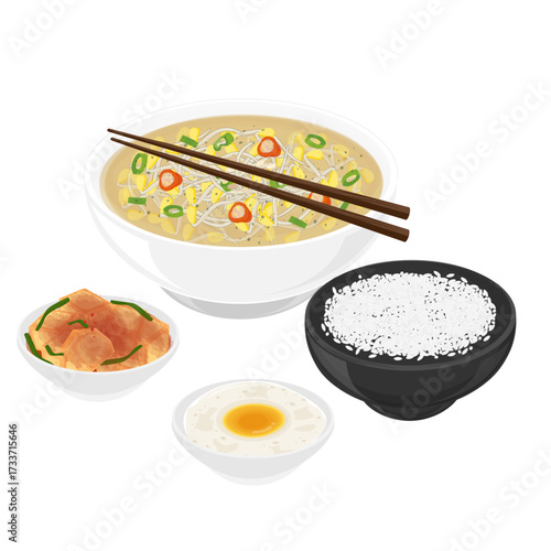 Vector Illustration Logo Clipart Kongnamul Guk or Soybean sprout soup with Rice and Kimchi 