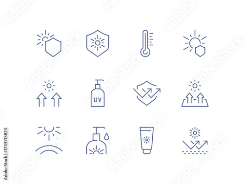UV protection icon set, sunscreen, sunblock, sun rays, skin safety, temperature heat, solar shield, sun care, ultraviolet radiation, healthcare prevention, linear vector illustration.