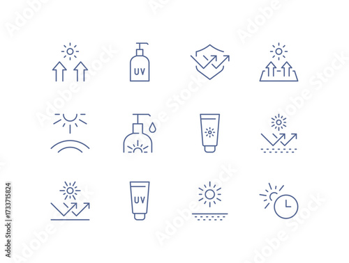 UV protection icon set, sunscreen, sunblock, sun rays, skin safety, temperature heat, solar shield, sun care, ultraviolet radiation, healthcare prevention, linear vector illustration.