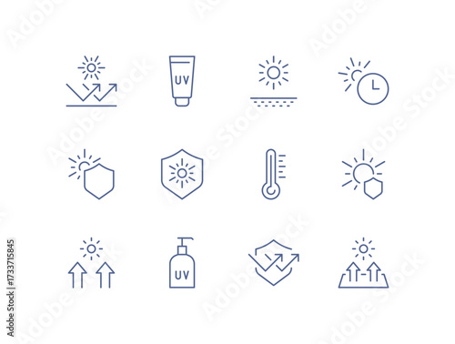 UV protection icon set, sunscreen, sunblock, sun rays, skin safety, temperature heat, solar shield, sun care, ultraviolet radiation, healthcare prevention, linear vector illustration.