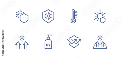 UV protection icon set, sunscreen, sunblock, sun rays, skin safety, temperature heat, solar shield, sun care, ultraviolet radiation, healthcare prevention, linear vector illustration.