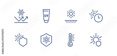 UV protection icon set, sunscreen, sunblock, sun rays, skin safety, temperature heat, solar shield, sun care, ultraviolet radiation, healthcare prevention, linear vector illustration.