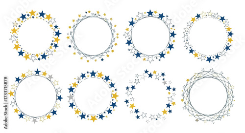 Eight circular frames adorned with star-shaped elements, arranged in a grid.