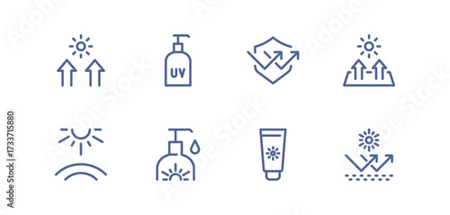 UV protection icon set, sunscreen, sunblock, sun rays, skin safety, temperature heat, solar shield, sun care, ultraviolet radiation, healthcare prevention, linear vector illustration.