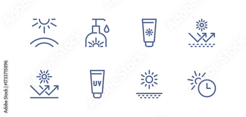 UV protection icon set, sunscreen, sunblock, sun rays, skin safety, temperature heat, solar shield, sun care, ultraviolet radiation, healthcare prevention, linear vector illustration.