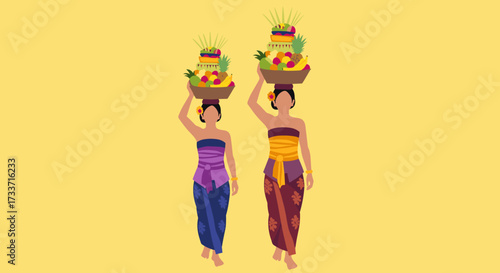 Women Carrying Offerings, Coastal Village, Illustration, Vibrant Background