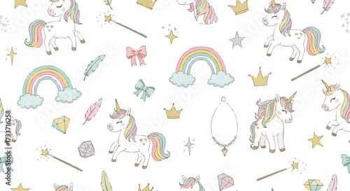 Whimsical pattern featuring adorable unicorns, rainbows, crowns, and magical elements on white background.
