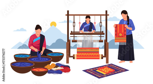 Artisans Crafting Textiles in a Vibrant Market Setting under Scenic Mountains