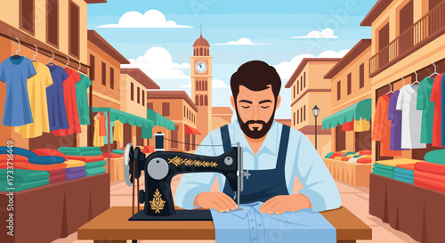 Seamstress Crafting Clothing in Vibrant Outdoor Marketplace