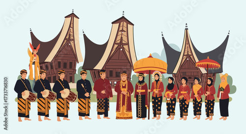 Cultural Festival Celebration, Traditional Dancers, Minangkabau Houses, Illustration, Vibrant Atmosphere, Side View, Heritage