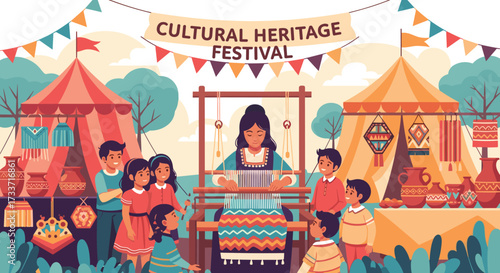 Cultural Heritage Festival, Weaving Tradition, Vibrant Marketplace, Illustrative Art, Community Spirit, Engaging Atmosphere