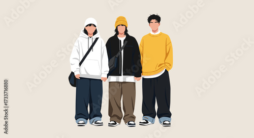 Three Young Men in Casual Streetwear, Modern City Background, Digital Illustration, Contemporary Style