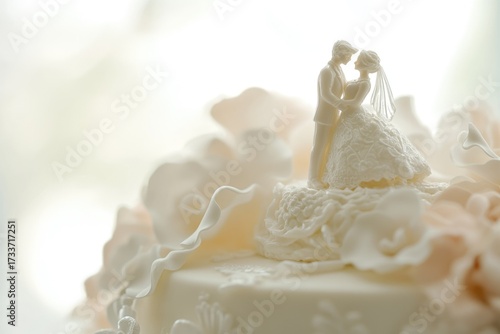 An elegant wedding cake featuring a classic bride and groom topper, adorned with delicate white and blush floral decorations.