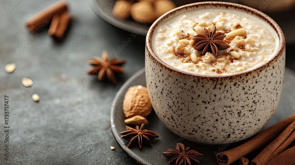 Fototapeta premium Warm Oatmeal in Speckled Cup with Star Anise and Pine Nuts 