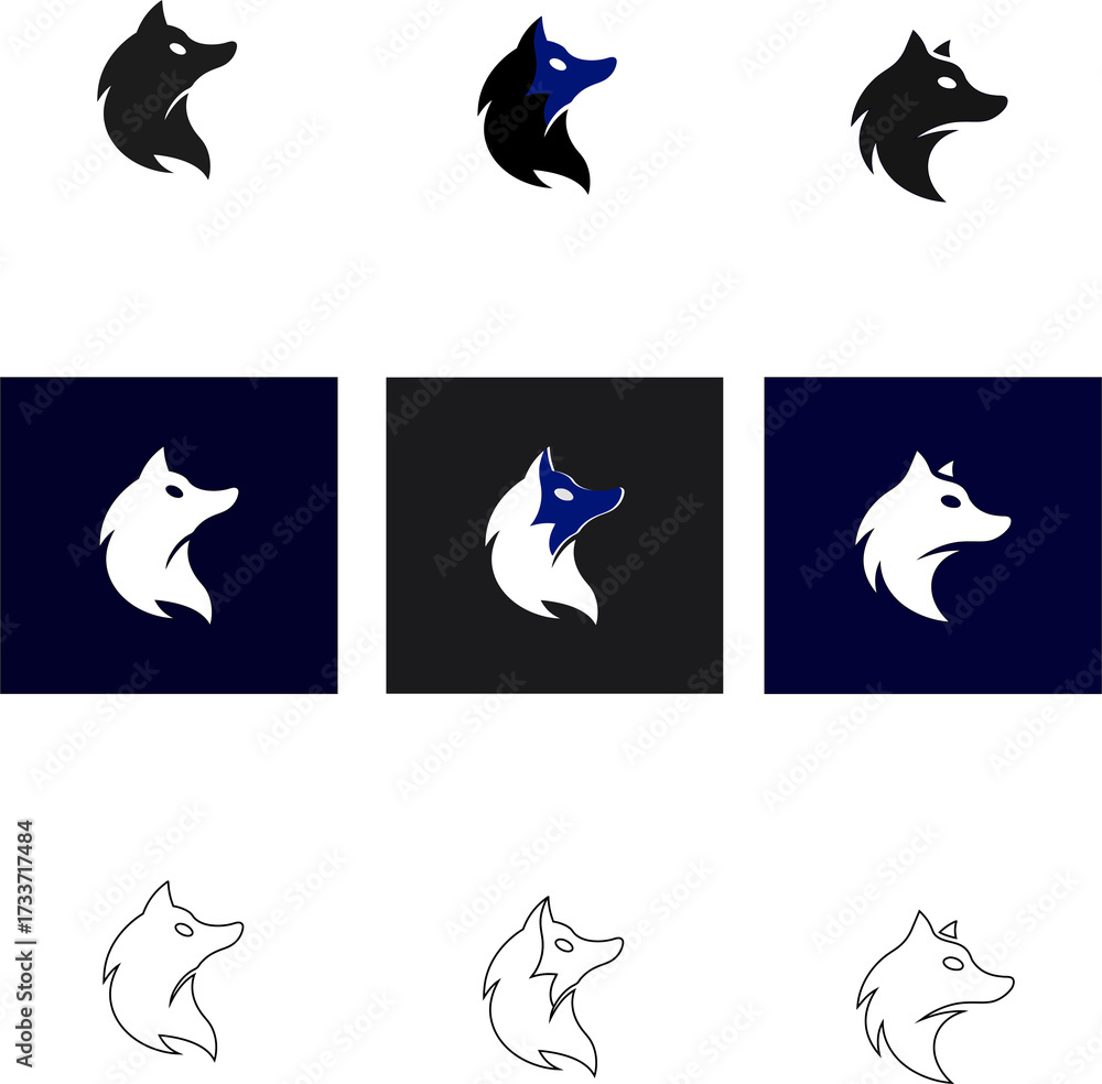 Obraz premium Animal head silhouette and outline vector set with wolf, fox, jackal, and dog, great for adventure logos, sports mascots, and outdoor branding.