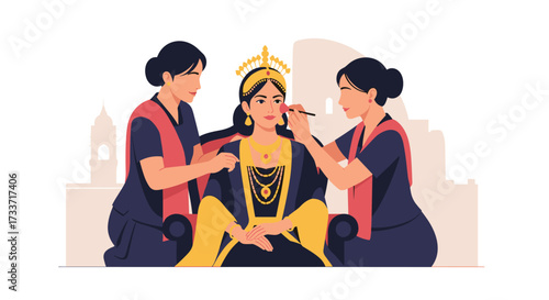 Women Preparing Traditional Makeup for Performance in Vibrant Urban Setting