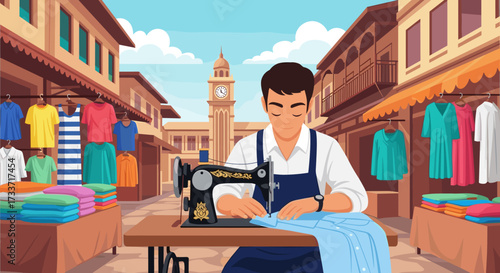 Tailoring Action, Seamstress, Marketplace, Illustration, Bustling Environment, Close-up View, Craft Skills