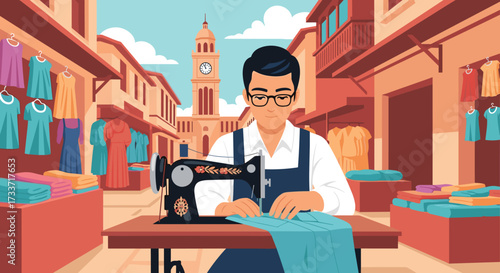Tailor Crafts Clothing in Vibrant Market Square, Urban Environment, Illustration with Creative Perspective