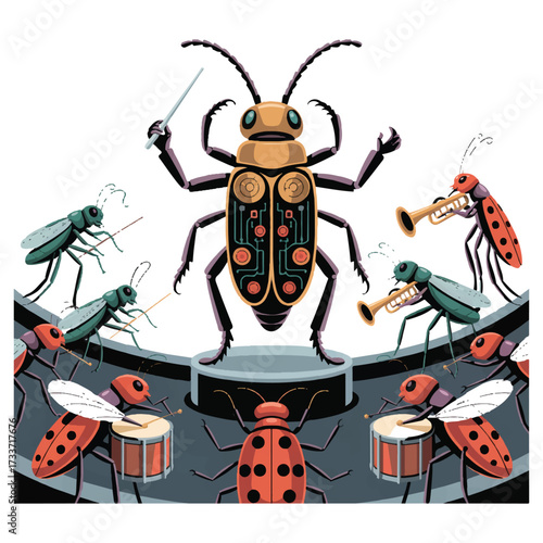 Vector art of a beetle orchestra conducting by a large beetle, featuring insect musicians playing drums and trumpets