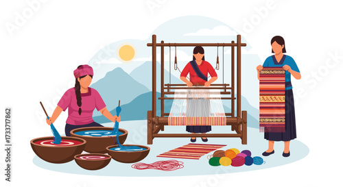 Cultural Artisanship, Weaving Techniques, Mountain Region, Illustration, Traditional Environment, Side View, Handcrafted Textiles