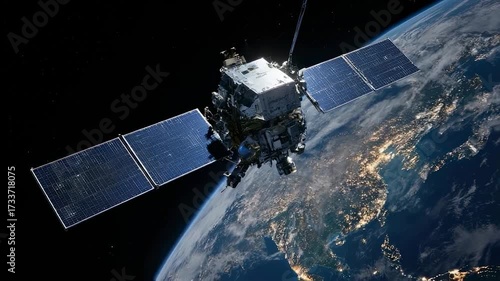 Satellite in orbit with Earth below, showing solar panels, stars, and cityscape lights