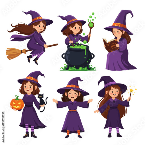 Set of six cute cartoon witch characters in various Halloween activities and poses.