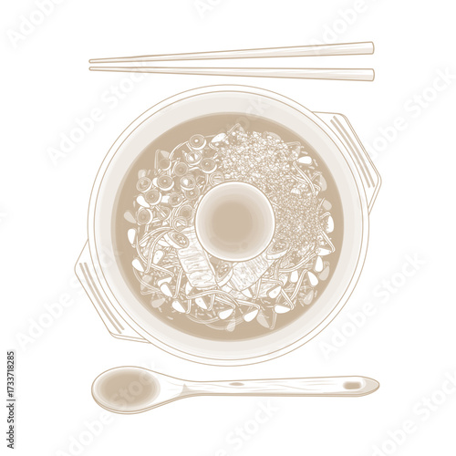 Vector Illustration Logo Line art Top View Kongnamul Gukbap Korean Soybean sprout soup with rice