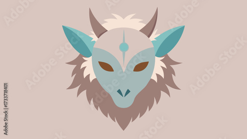 Flat illustration of a stylized kurent mask with blue accents, horns and fur details on soft beige background