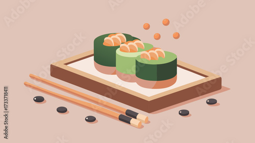Ehomaki sushi rolls with salmon topping served on wooden tray with chopsticks in modern flat style