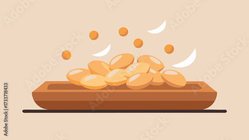 Roasted soybeans scattered on wooden tray in minimal flat design with soft pastel colors for setsubun festival