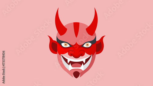 Traditional Japanese oni demon mask with red face, horns and sharp teeth on pink background for setsubun festival