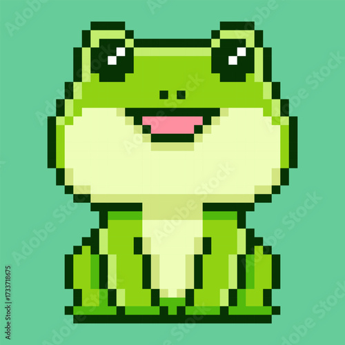 A cheerful pixel art frog with big, bright eyes and a happy smile, designed in a 8-bit retro gaming aesthetic. This charming amphibian sprite is ideal for a fun and quirky mascot