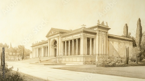 Architectural Masterpiece: A Sepia-Toned Drawing of a Neoclassical Building