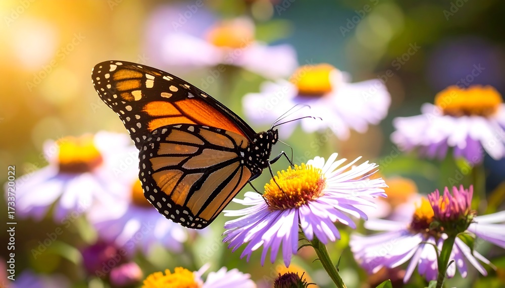 Fototapeta premium Monarch butterfly on purple flowers in sunlight