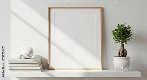 Blank picture frame with plant and books on white shelf