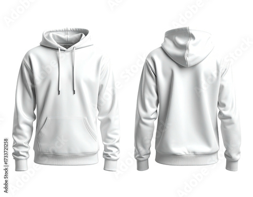 Front and back view of a clean white hooded sweatshirt isolated on a black background
