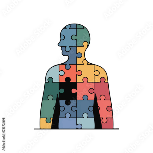 Vector art of a human silhouette composed of colorful puzzle pieces, symbolizing individuality, diversity, and the complexity of identity