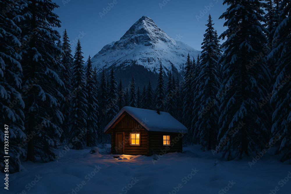 Fototapeta premium Wooden cabin glowing with warm light surrounded by snowy pine trees and a mountain backdrop at dusk