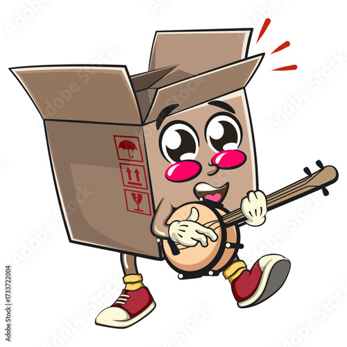 cute cardboard box mascot character vector illustration isolated playing the banjo musical instrumen, work of hand drawn