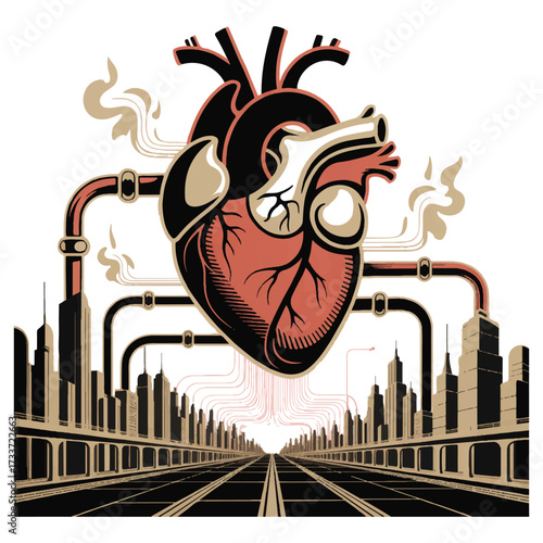 Vector art of anatomical heart illustration with pipes connecting to a city skyline, , symbolizing the heart as a vital engine