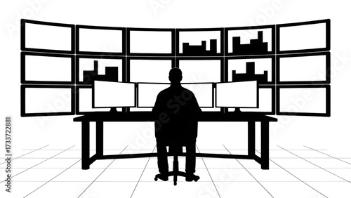 Silhouette of a person in front of multiple monitors in a control room like setting with tiled floor