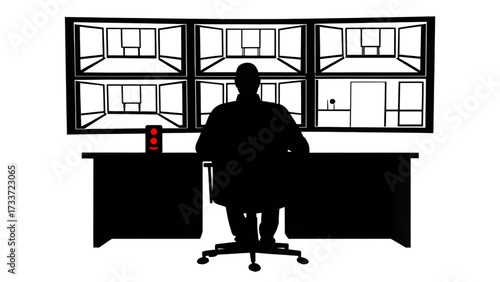 Silhouette of a person sitting in front of security monitors at a desk with a red light indicator