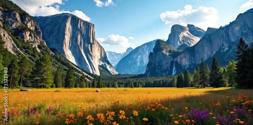 Yosemite's iconic El Capitan and Half Dome, spring thaw, vibrant valley floor , travel, expansive, scenic