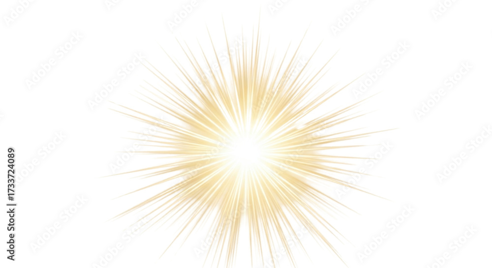 Obraz premium Golden sunburst light effect, glowing yellow starburst explosion on white background, radiant sun flare spark, bright solar beam burst PNG