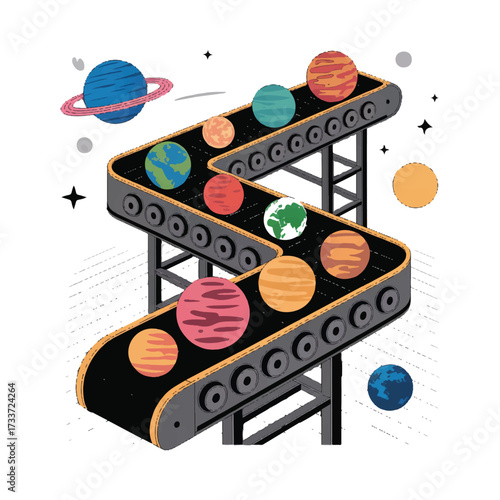 Vector art of a whimsical illustration of planets moving along a conveyor belt, , symbolizing space exploration and industrial processes