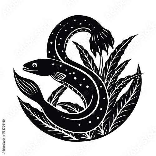 Black eel and leaves fish aquatic