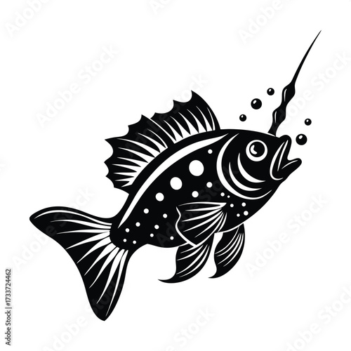 Black fish blowing bubbles white water