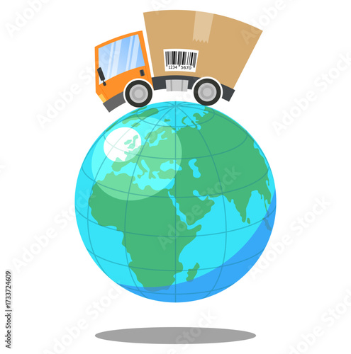 Global delivery concept illustration with orange truck carrying package on planet Earth, symbol of worldwide shipping, logistics, e-commerce and international trade, isolated vector