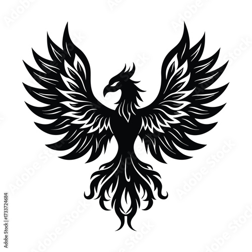 Black phoenix bird with spread wings mythical creature
